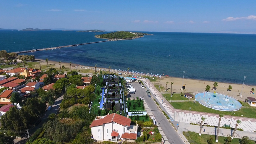 photo of a nice sea view with beach from bird eye view and urla houses 